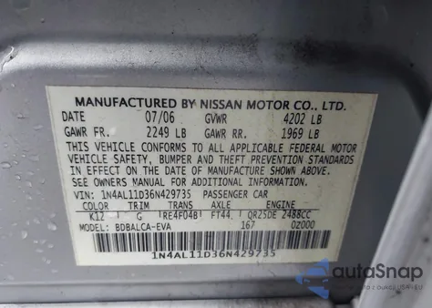 2006 Nissan Altima 2.5 S from USA, damaged, VIN 1N4AL11D36N429735
